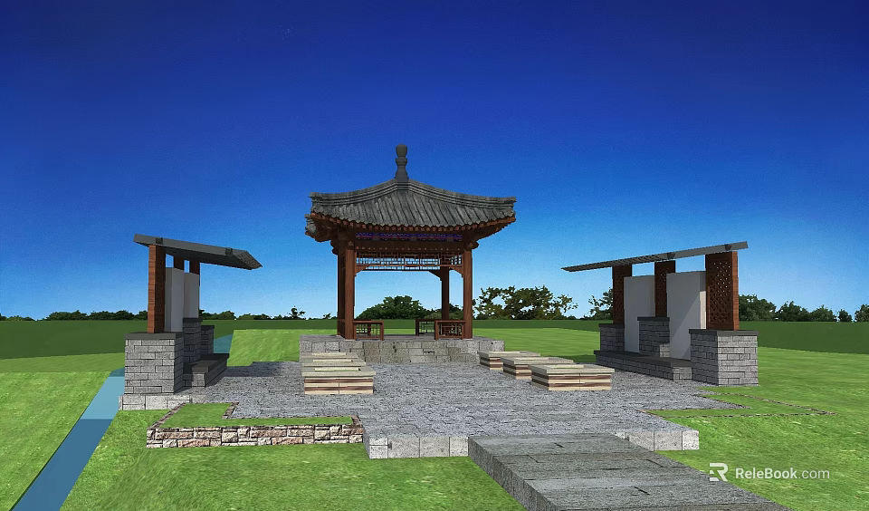 Traditional Chinese Style Pavilion With Stone Path Benches And Grass Lawn Under Blue Sky 3d model 