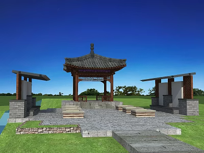 Traditional Chinese Style Pavilion With Stone Path Benches And Grass Lawn Under Blue Sky 3d model