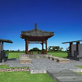 Traditional Chinese Style Pavilion With Stone Path Benches And Grass Lawn Under Blue Sky