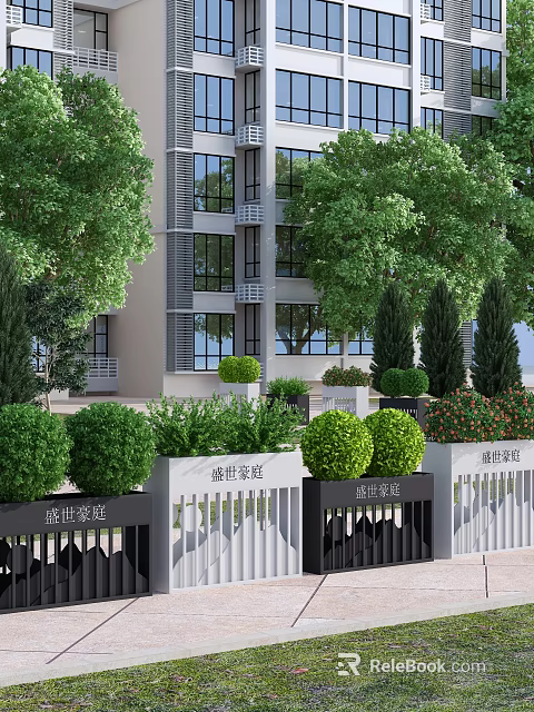 Modern Building Surrounding Garden Landscape With Trimmed Shrubs Trees And White Fence 3d model 