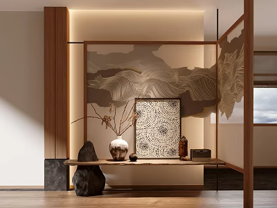 Elegant Modern Console Table With Wooden Frame Landscape Painting Backdrop Vase Stones And Warm Light 3d model