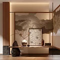 Elegant Modern Console Table With Wooden Frame Landscape Painting Backdrop Vase Stones And Warm Light