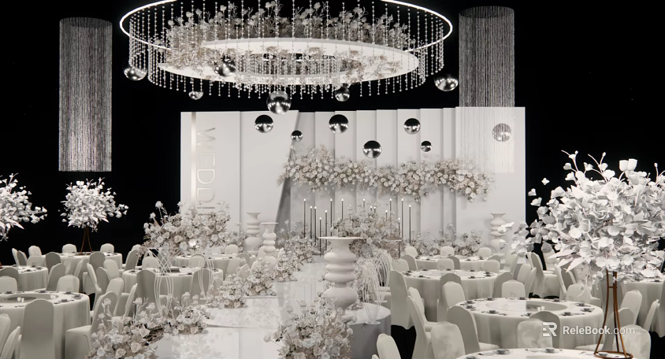 Elegant Banquet Hall Interior With Crystal Chandelier Floral Decorations And Round Tables 3d model 