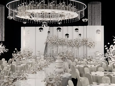 Elegant Banquet Hall Interior With Crystal Chandelier Floral Decorations And Round Tables 3d model