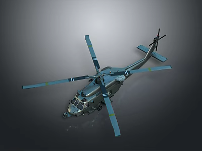 Detailed 3D Military Helicopter with Gray Fuselage and Blue Rotors 3d model