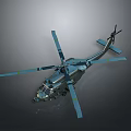 Detailed 3D Military Helicopter with Gray Fuselage and Blue Rotors