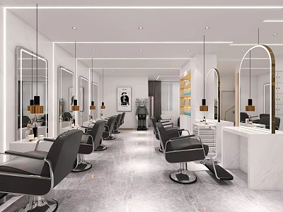 Stylish Modern Hair Salon Interior Design With Comfortable Chairs Mirrors Lighting And Marble Counters 3d model