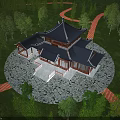 Traditional Chinese Building Exterior Wall With Wooden Structure Tile Roof Green Trees And Grass