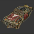 Post Apocalyptic Armored Vehicle With Spiked Front And Red Blue Rusty Design