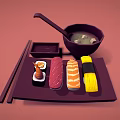 Traditional Assorted Sushi and Miso Soup with Chopsticks on Serving Plate