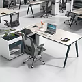 Modern Office Desk With Ergonomic Chair Laptop Stationery And Potted Plant