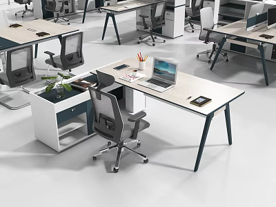 Modern Office Desk With Ergonomic Chair Laptop Stationery And Potted Plant 3d model