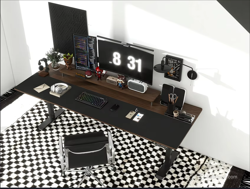 Desk Setup with Dual Monitors Keyboard Mouse Lamp Plants and Black Chair on Checkered Rug 3d model 