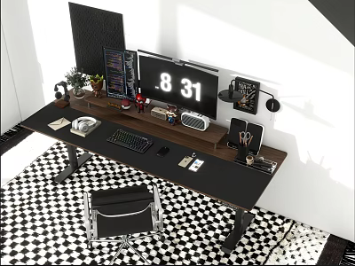 Desk Setup with Dual Monitors Keyboard Mouse Lamp Plants and Black Chair on Checkered Rug 3d model