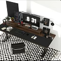 Desk Setup with Dual Monitors Keyboard Mouse Lamp Plants and Black Chair on Checkered Rug