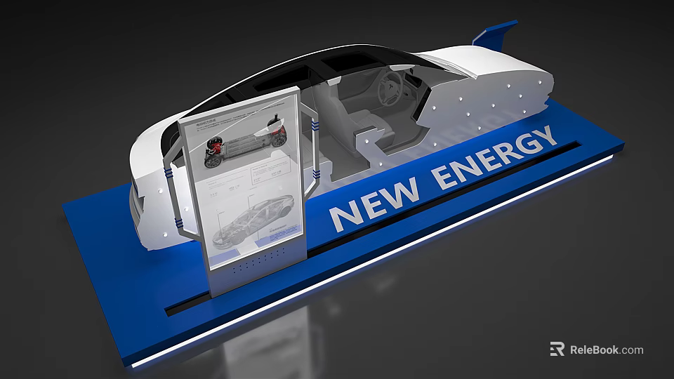 Showcase Display Shelves For New Energy Vehicle Model With Blue Platform Screen And Sign 3d model 