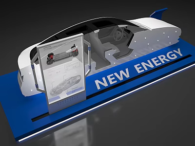 Showcase Display Shelves For New Energy Vehicle Model With Blue Platform Screen And Sign 3d model