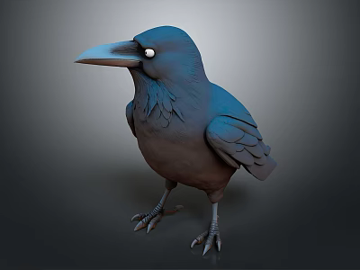 3D Rendered Blue And Brown Crow With Black Eyes Standing On Gray Background 3d model