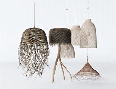 Nordic Lamps Combination Chandelier Rattan Chandelier Straw Chandelier Floor Lamp Log Chandelier 3d model