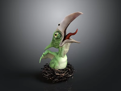 Mythical Green Creature Standing In Nest With Long Beak And Large Eyes 3d model