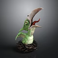 Mythical Green Creature Standing In Nest With Long Beak And Large Eyes