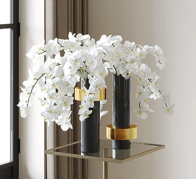 Elegant White Orchids in Black Vase with Gold Rings on Glass Top Stand Interior Decor 3d model