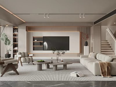 Modern Living Room Interior With Large TV Wall Sofa Coffee Table And Plants 3d model