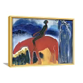 Figure Painting Featuring Person Riding Red Horse With Blue Mountains Yellow Ground And Blue Silhouette