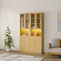 Wooden Bookcase With Glass Doors Open Shelves Closed Cabinets And Green Plant In Living Room