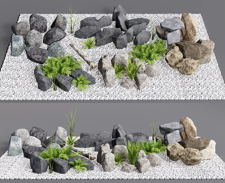 Natural Garden Landscape With Stones Wood And Green Fern Plants 3d model 