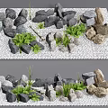 Natural Garden Landscape With Stones Wood And Green Fern Plants