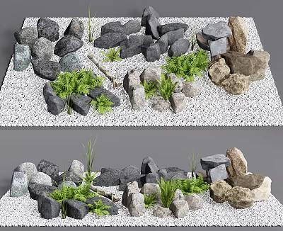 Natural Garden Landscape With Stones Wood And Green Fern Plants 3d model