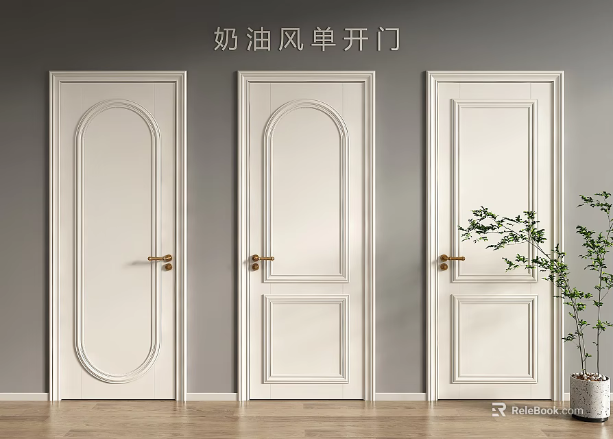 Cream Style White Hinged Doors with Simple Panel Design and Golden Handles 3d model