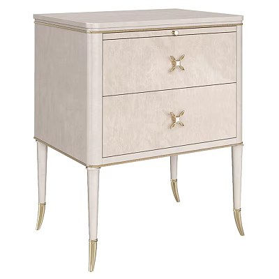Elegant White Nightstand With Golden Cross Handles And Slim Tapered Legs 3d model