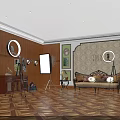 Public Office Space With Wooden Walls Round Mirror Sofa Pillows And Parquet Flooring