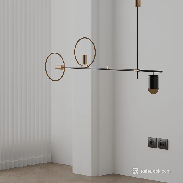 Modern Pendant Light Design With Circular Rings And Black Gold Metal Bar 3d model 