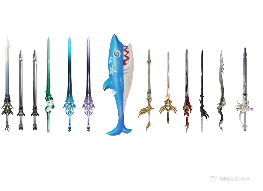 Various Stylish Weapons With Colorful Designs Unique Shark Shape And Decorative Details 3d model 