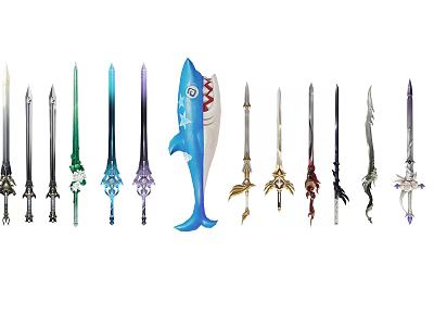 Various Stylish Weapons With Colorful Designs Unique Shark Shape And Decorative Details 3d model