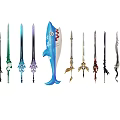Various Stylish Weapons With Colorful Designs Unique Shark Shape And Decorative Details