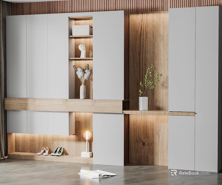 Modern Minimalist Decorative Cabinet With Wooden And White Finish Open Shelves And Built In Lighting 3d model 