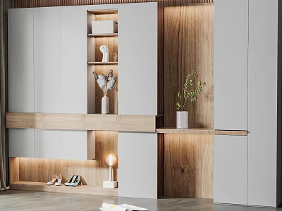 Modern Minimalist Decorative Cabinet With Wooden And White Finish Open Shelves And Built In Lighting 3d model