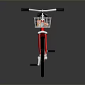 Red Bicycle with Black Seat Front Basket and Silver Wheels on Reflective Surface Background