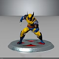 Wolverine Character Statue In Yellow Blue Costume With Claws And Red X Logo Base