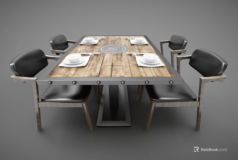 Modern Dining Table Set with Wooden Tabletop Metal Frame Black Leather Chairs and White Dishes 3d model 