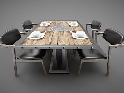 Modern Dining Table Set with Wooden Tabletop Metal Frame Black Leather Chairs and White Dishes 3d model