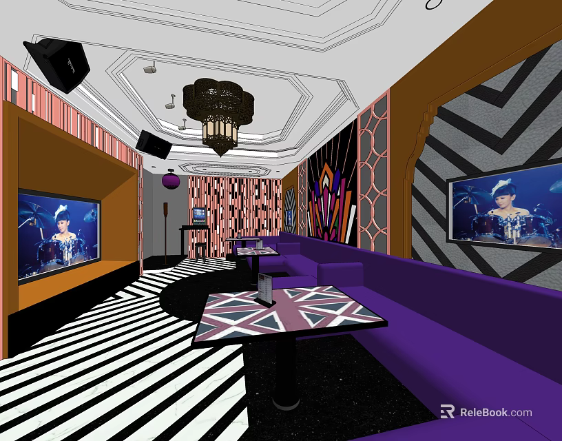KTV Interior Design With Purple Sofas Chandelier Black White Striped Floor And TV Screens 3d model 