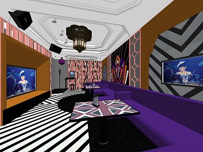 KTV Interior Design With Purple Sofas Chandelier Black White Striped Floor And TV Screens 3d model