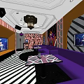 KTV Interior Design With Purple Sofas Chandelier Black White Striped Floor And TV Screens