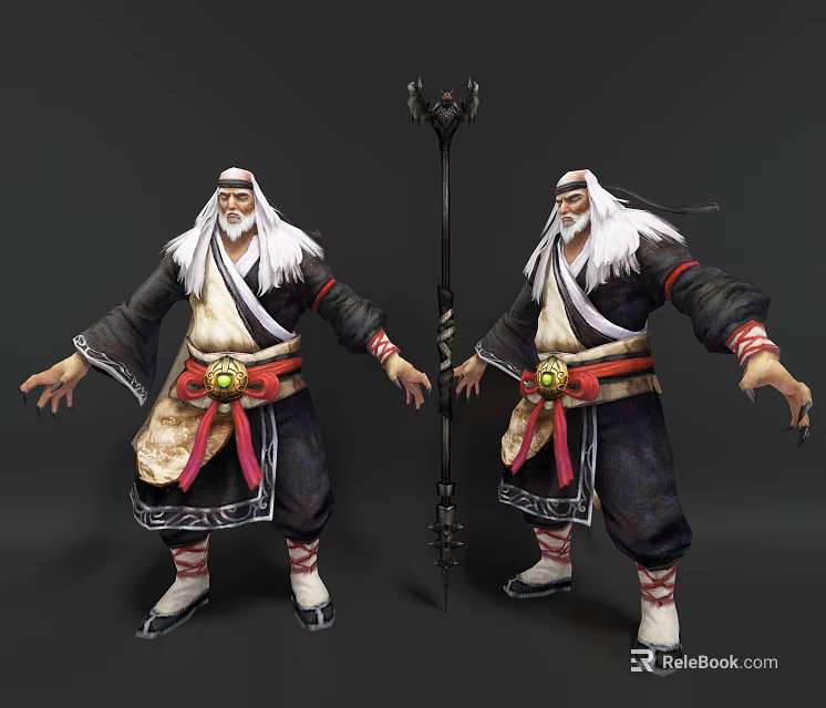 Game Movie Character with Long White Beard Black White Robe Red Sash and Long Staff 3d model 