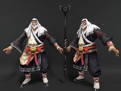 Game Movie Character with Long White Beard Black White Robe Red Sash and Long Staff 3d model